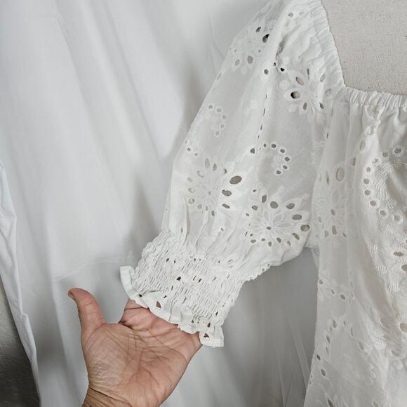 For All Mankind Dress Women Large White Eyelet Cotton Puff Sleeve Midi Cottage - Picture 2 of 11